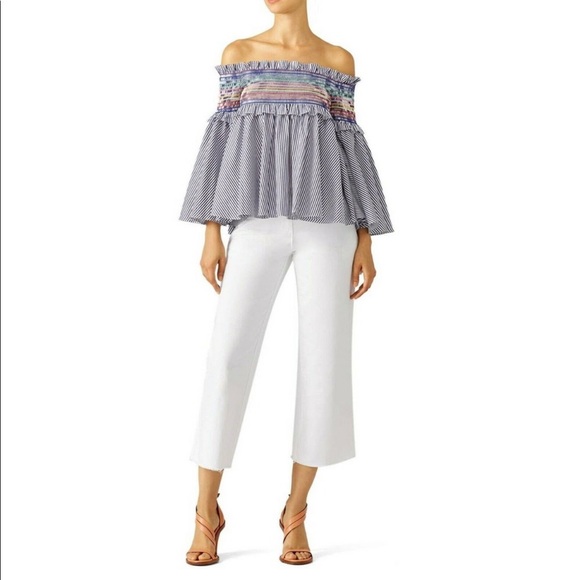 Petersyn Davenport Blue Stripe Smocked Top Shirt Off Shoulder XS NEW NWT - Picture 3 of 6